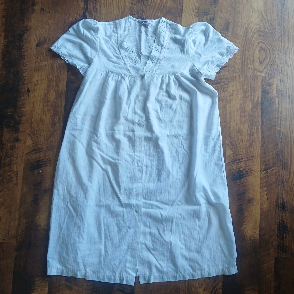 Vtg House Dress Mu Mu Heiress White Pink Blue Floral 60s 70s Gown Snap No Size